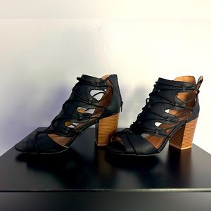 Black distressed open toe bootie